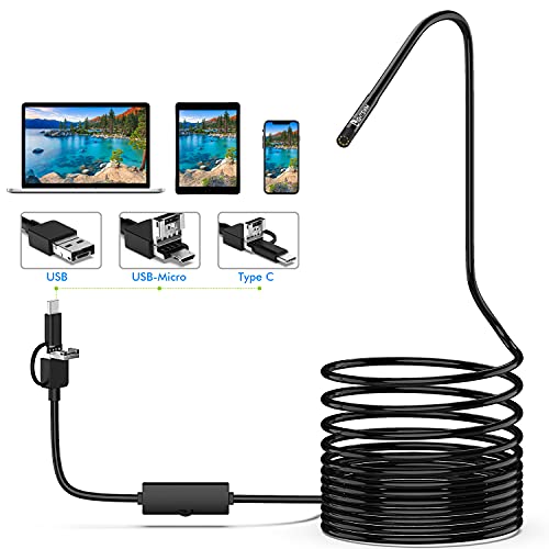 Lightswim Endoscopio 3 in 1 USB/Micro USB/Tipo-C 1200P Telecamera d'ispezione 2.0 Megapixel Boroscopio HD Cavo semirigido Impermeabile Serpente per Telefono Android/Windows/MacBook OS Computer (5 M)